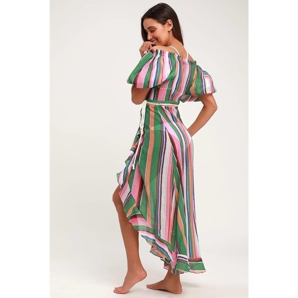 Lulus Bermuda Pink Rainbow Striped Balloon Sleeve Swim Cover Up Womens Small - Picture 3 of 7